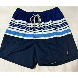 Nautica Mens Blue Stripe Swim Trunks L Large Polyester Mesh Lined